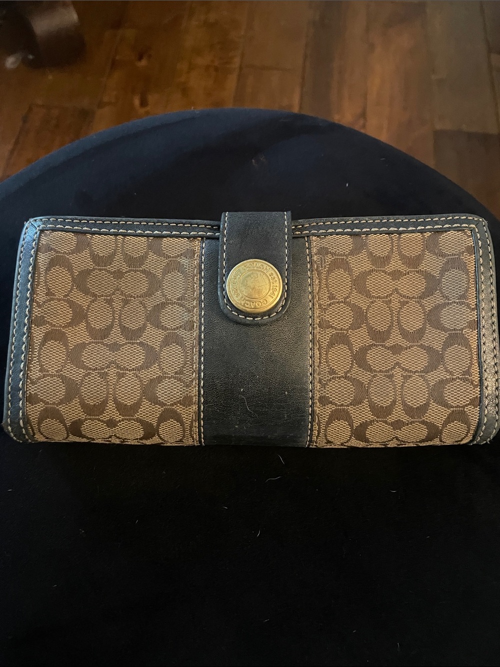 Coach Brown Signature Canvas Continental Wallet with Black Trim